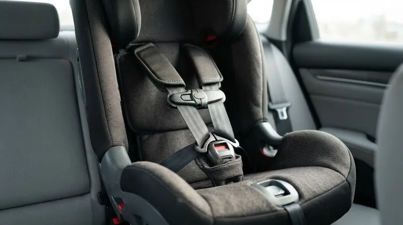 Illustration: North American car seats utilize a plastic chest clip as a pre-crash positioner to keep harness straps aligned.