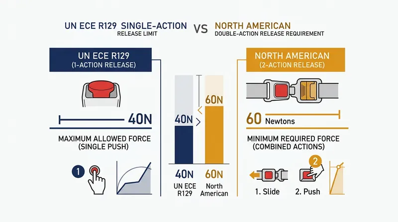 European regulations mandate a single-action release, while North American seats require two distinct actions.