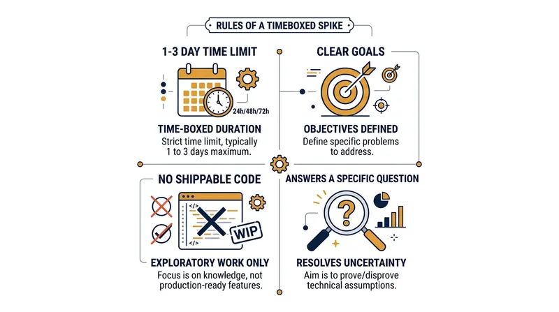 A properly executed spike is strictly time-constrained and focused entirely on knowledge gathering.