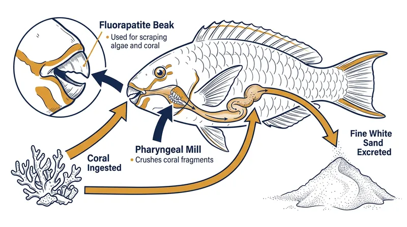 The pharyngeal mill acts as an internal burr mill, pulverizing hard calcium carbonate into fine powder.