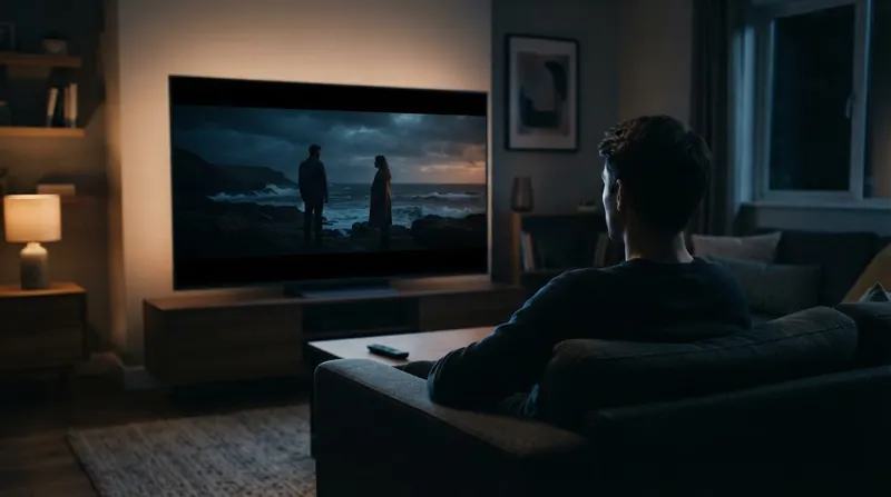 A person sits in a dark living room looking at a glowing television screen displaying subtitles.