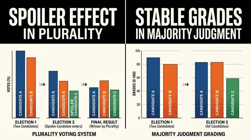 Unlike plurality voting, independent grading prevents similar candidates from cannibalizing a shared base.