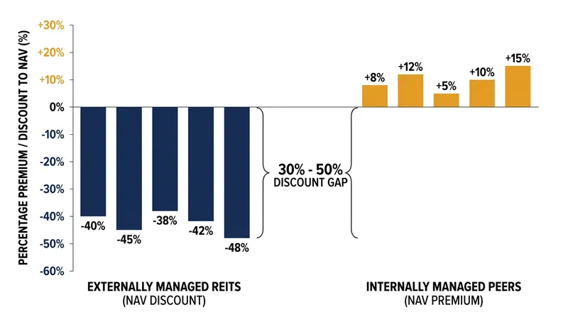 Externally managed trusts frequently trade at steep discounts to their net asset value.