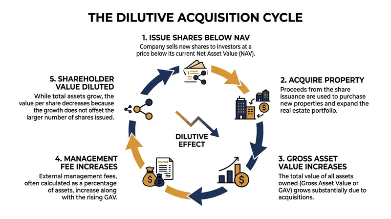 The mathematical cycle of dilutive acquisitions driven by gross asset value fees.