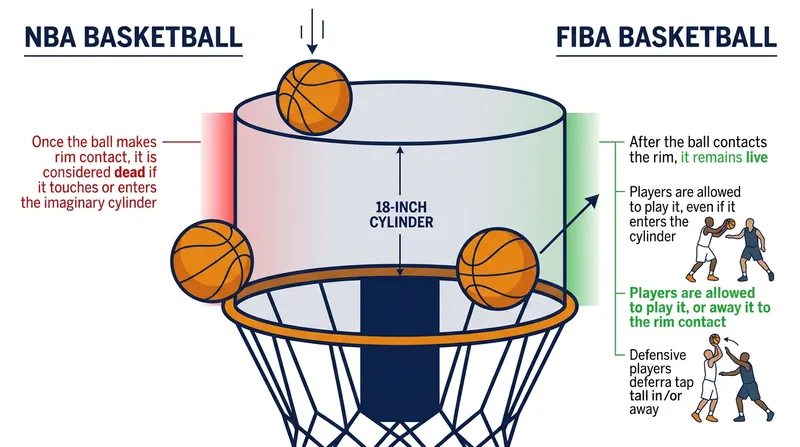 The NBA protects an 18-inch imaginary cylinder above the rim, while FIBA opens this airspace the moment the ball touches the iron.