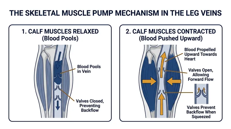 The rhythmic contraction of leg muscles acts as a secondary heart, squeezing venous blood against gravity.