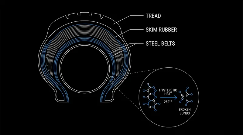 When internal temperatures exceed 250 degrees Fahrenheit, the adhesives bonding the tread to the steel belts begin to fail.