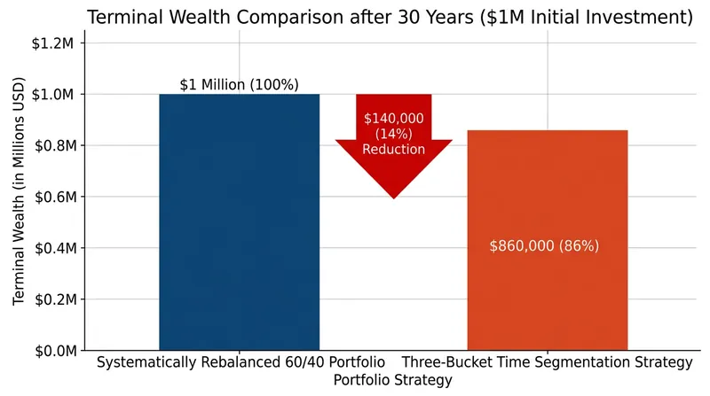 Holding three years of living expenses in cash reduces median terminal wealth by 14%.