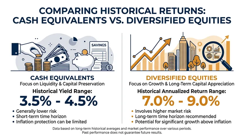 The opportunity cost of sidelining capital in cash equivalents over a 30-year horizon.