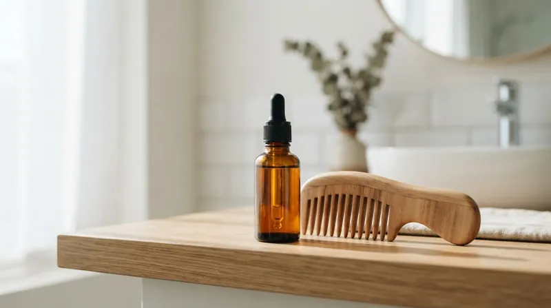 A person's hands parting dark hair to apply a golden plant oil directly to the scalp using a glass dropper.