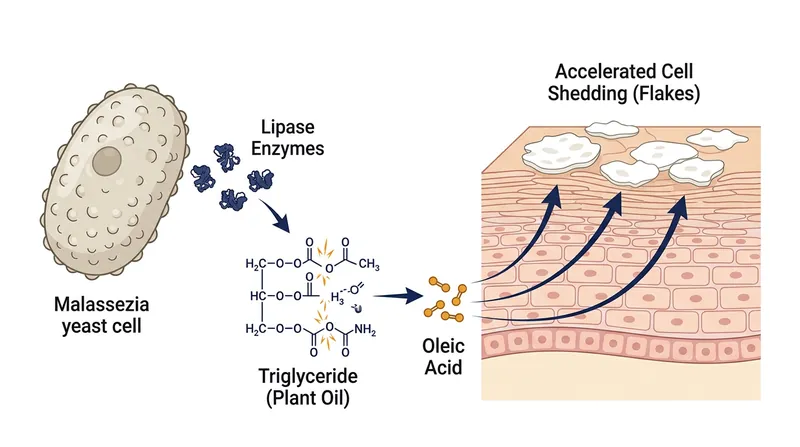 Malassezia yeasts secrete enzymes that break down plant oils, leaving behind irritating oleic acid.