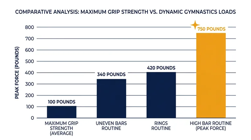 The forces generated on the high bar vastly exceed the contractile limits of human forearm muscles.