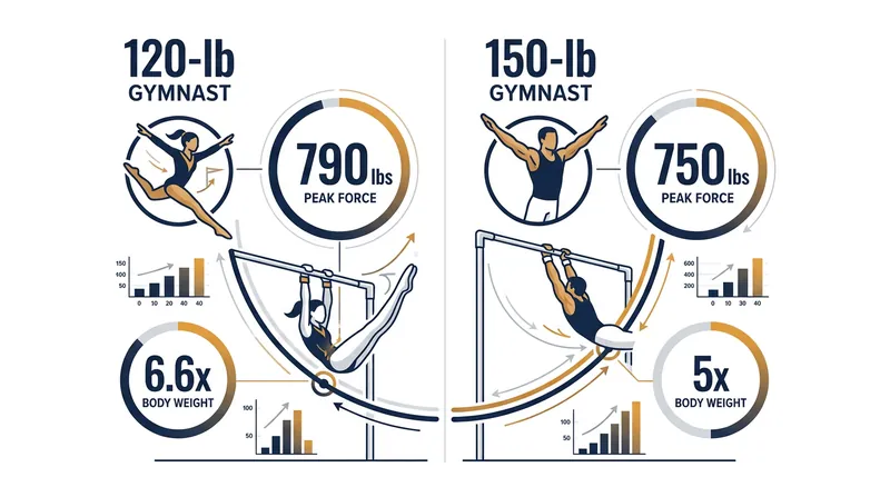Peak forces during a giant swing can exceed six times the athlete's body weight in a fraction of a second.
