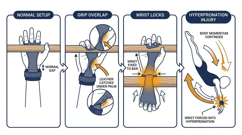 Grip lock occurs when stretched leather catches on the bar, forcing the wrist into extreme hyperpronation.