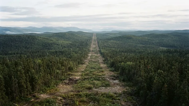 An aerial view of a straight, 20-foot-wide dirt path cutting through a dense green pine forest.
