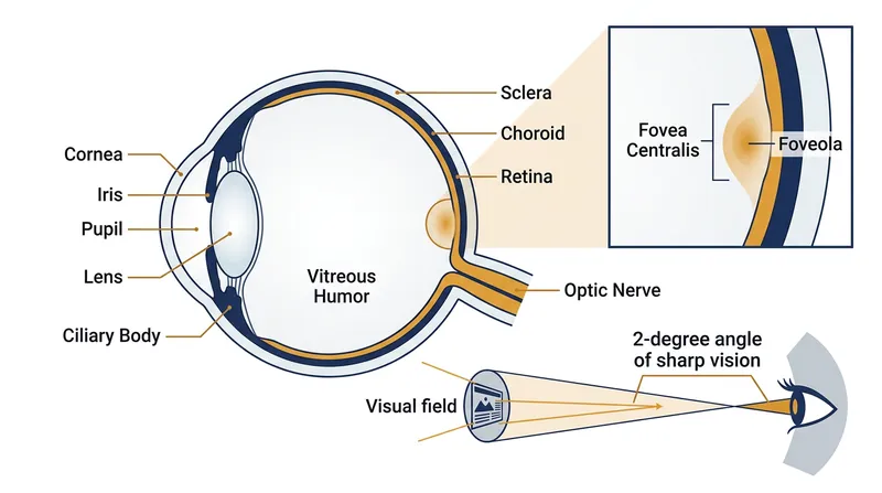 The fovea centralis restricts sharp visual acuity to a two-degree angle, capturing only seven to eight characters per fixation.