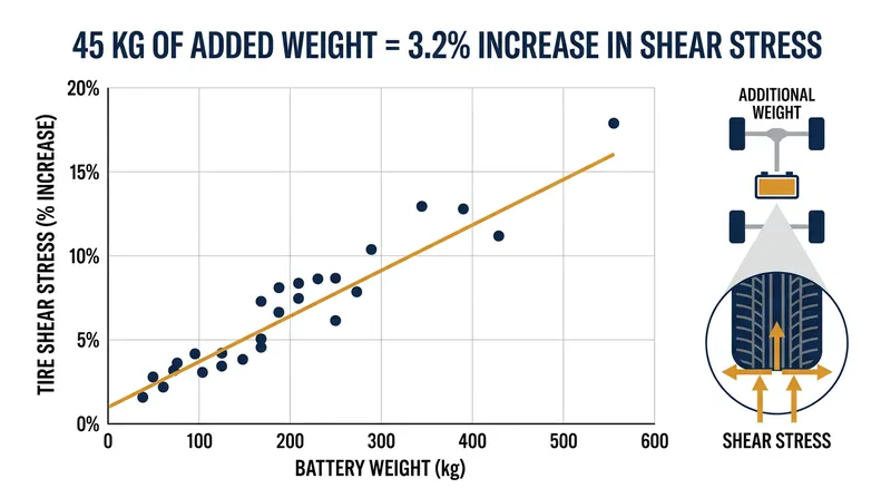 Every 45 kilograms of additional vehicle weight measurably increases the longitudinal shear stress applied to the tire tread.
