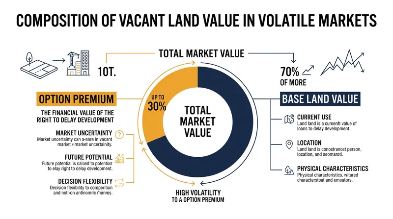 In highly volatile municipalities, a significant portion of a vacant lot's value is derived purely from the option to delay construction.