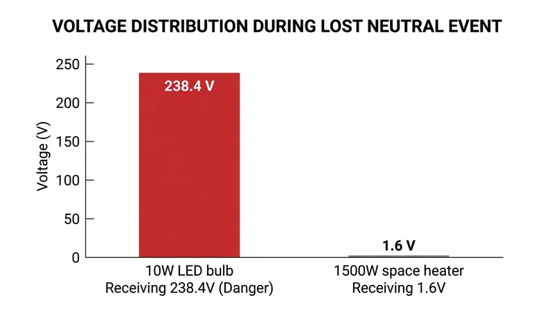 Because the LED bulb has vastly higher electrical resistance, it absorbs nearly all of the 240-volt potential.