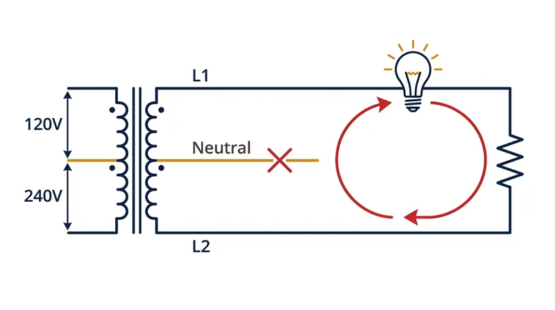 When the neutral connection is severed, the two 120-volt legs collapse into a single 240-volt series circuit.