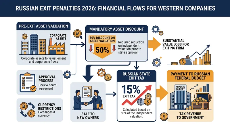 Western firms face strict financial penalties when selling Russian assets, including mandatory discounts and exit taxes.