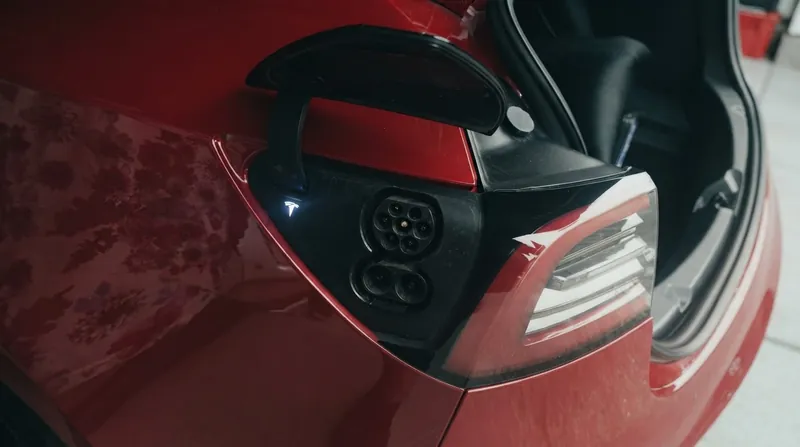 A Tesla Model 3 driving on a European highway with the driver's hands resting on the steering wheel.