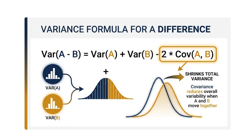 Subtracting a positive covariance reduces the total variance of the difference.