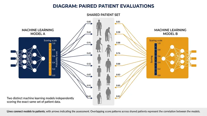 Because both models score the exact same patients, their errors move in tandem.