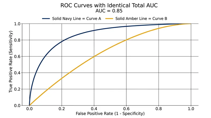 Two models can have identical total AUCs while exhibiting completely different clinical behaviors.