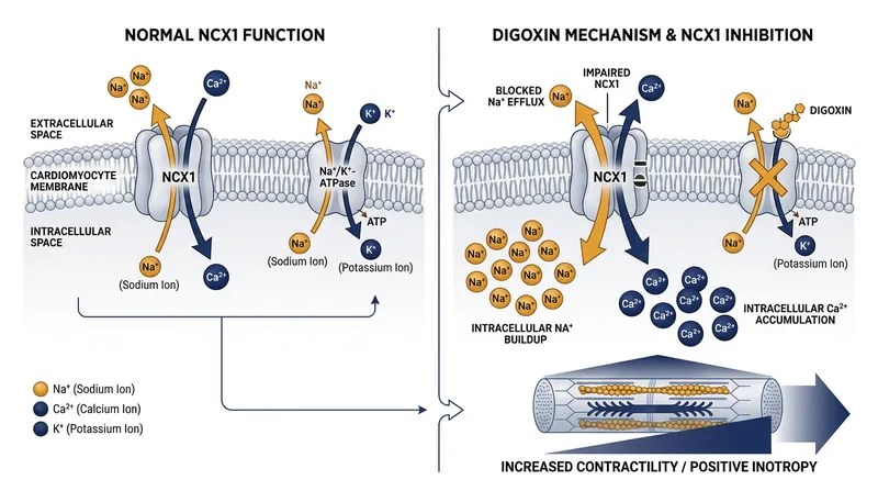 By blocking the sodium pump, digoxin forces intracellular sodium to rise, which subsequently traps calcium inside the cell.