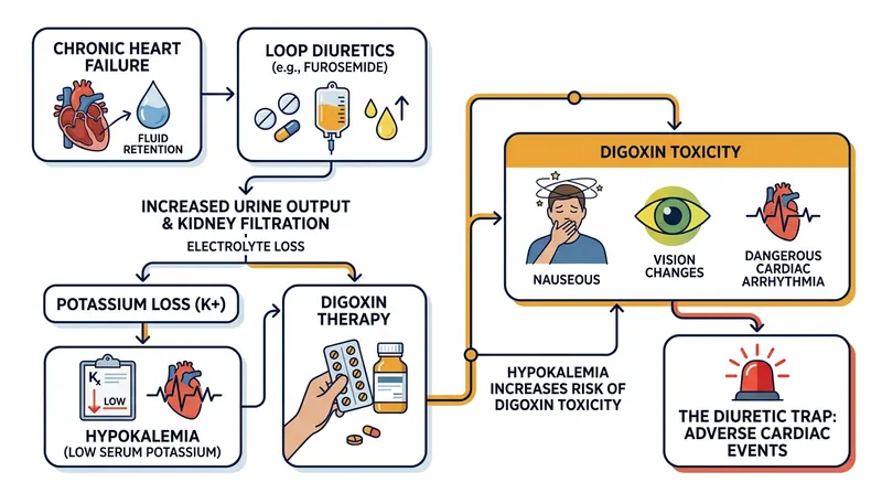 Loop diuretics prescribed for heart failure actively deplete the potassium needed to keep digoxin therapy safe.