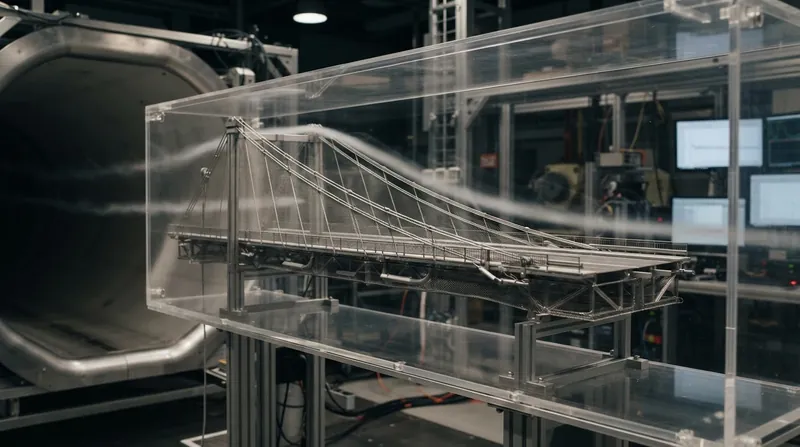 Illustration: Following the disaster, dynamic wind tunnel testing became a mandatory requirement for all major suspension bridge designs.