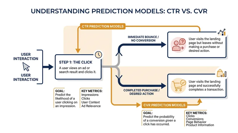 Machine learning models differentiate between predicting a click and predicting a purchase.
