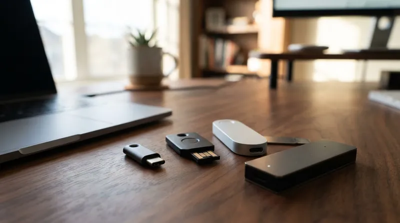 A metallic Ledger hardware wallet resting on a dark surface with blurred shipping boxes in the background.