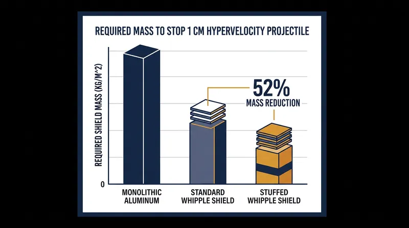 Spaced and stuffed shields achieve the same protection as solid armor at a fraction of the mass.
