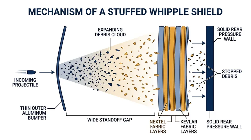 The stuffed Whipple shield uses empty space and ballistic fabrics to dilute kinetic energy.