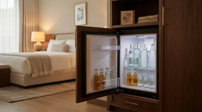 A sleek glass-front minibar glowing softly inside a dark wood cabinet in a luxury hotel room.