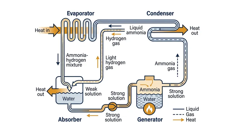 The thermal siphon relies on three distinct fluids and a single heating element to circulate refrigerant without a mechanical pump.