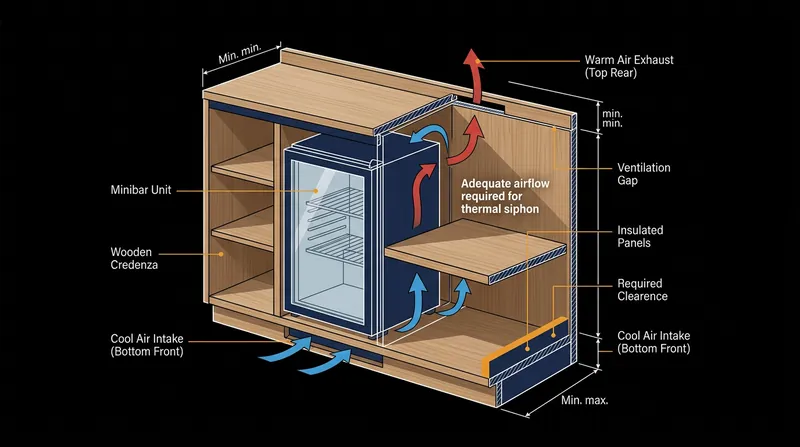 Absorption units require careful cabinetry design to ensure the condenser coils can passively dissipate extracted heat.