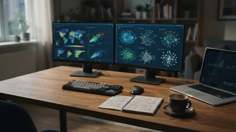 A computer monitor displaying Python code and a data split diagram in a dark workspace.