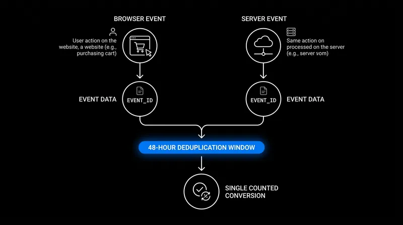 Meta deduplicates identical events arriving from both the browser and the server within 48 hours.