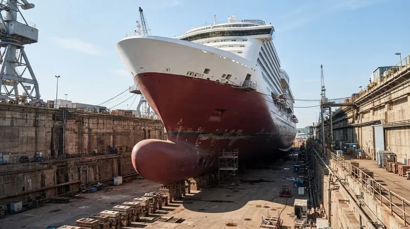 Illustration: Viewed in dry dock, the flat, barge-like bottom of a modern cruise ship reveals the geometry that prevents capsizing.