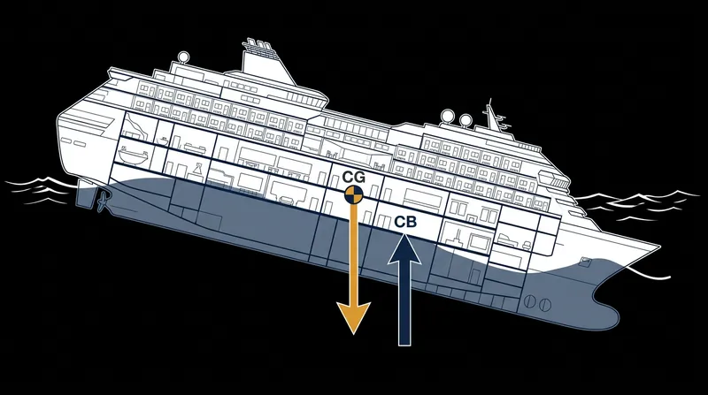As the ship heels, the center of buoyancy shifts outward to the center of the newly submerged hull volume.
