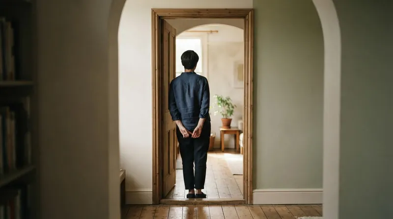 A person viewed from behind walking through a softly lit doorway from one room into another.
