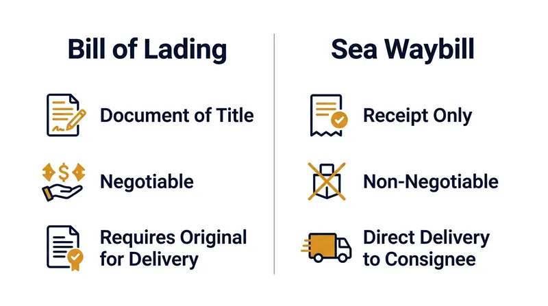 A Bill of Lading transfers title, while a Sea Waybill only authorizes delivery.
