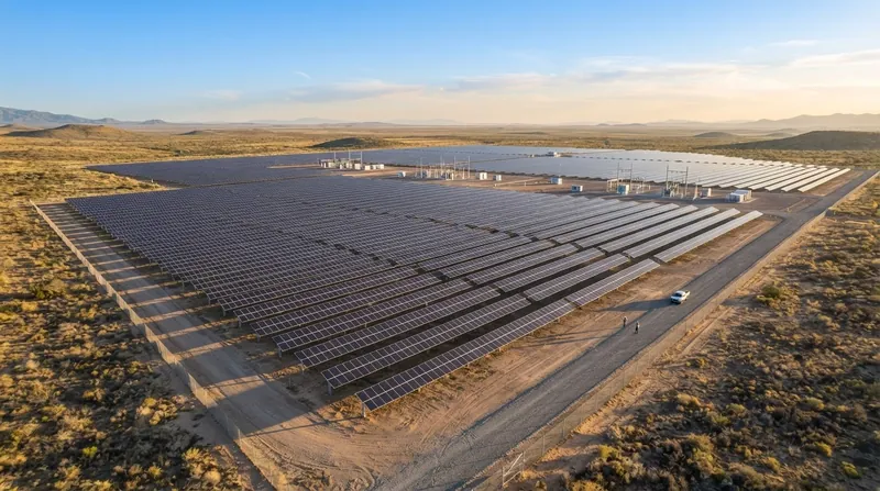 Aerial view of a massive utility-scale solar farm at sunrise with long shadows across the tracking panels.