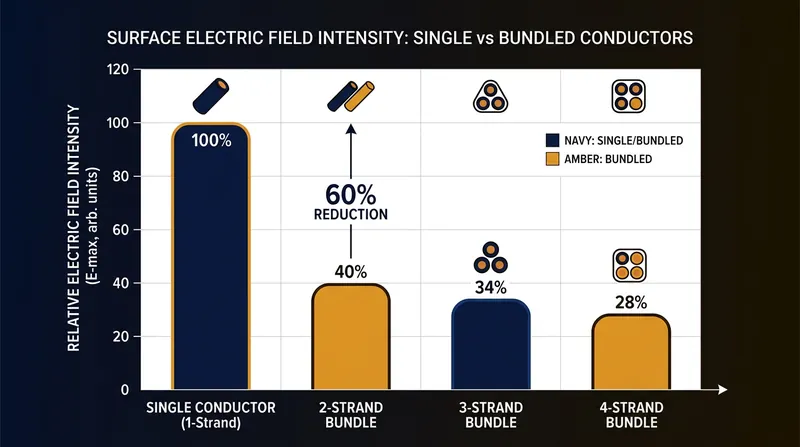 A four-strand bundle reduces the surface electric field by over 60 percent compared to a single wire.