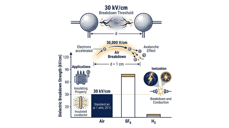 Air ionizes into a conductive plasma when the electric field exceeds 30 kilovolts per centimeter.