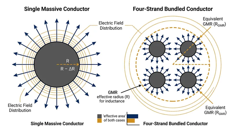 Bundling four sub-conductors tricks the electric field into behaving as though the wires form a single massive cylinder.