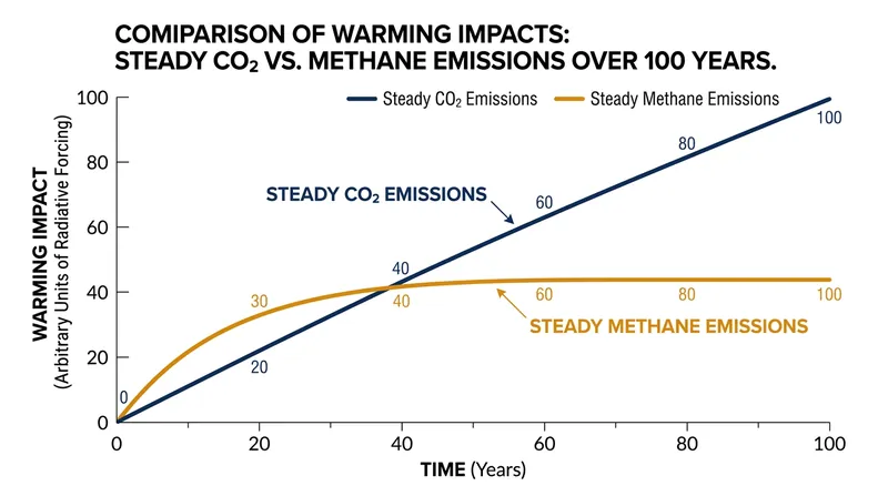 Under the GWP* framework, steady methane emissions reach a radiative equilibrium, whereas steady carbon dioxide emissions cause cumulative warming.